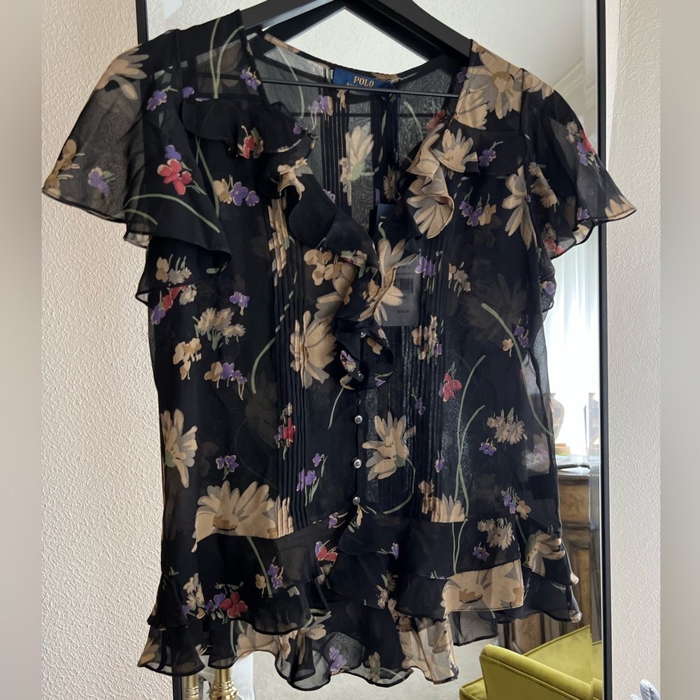 Ralph Lauren 100 Silk Button Floral Button Ruffle Top